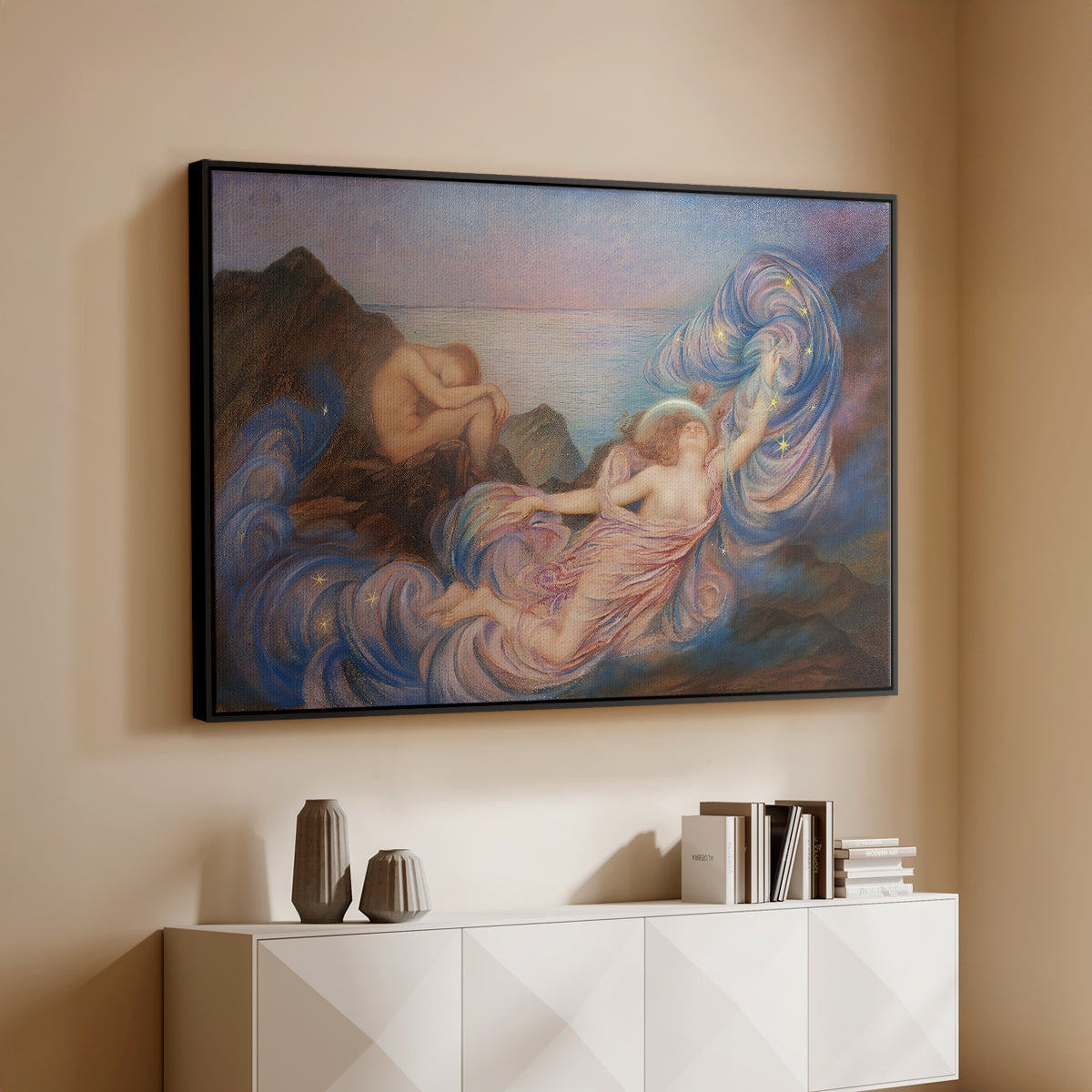 Black floater framed canvas of Twilight, 1914 by Evelyn De Morgan, featuring an allegorical figure resting in atmospheric dusk setting above a console cabinet in a minimalist entryway.