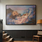 Black floater framed canvas featuring a symbolic scene of figure surrounded by evening tones, displayed in a hallway near a staircase.