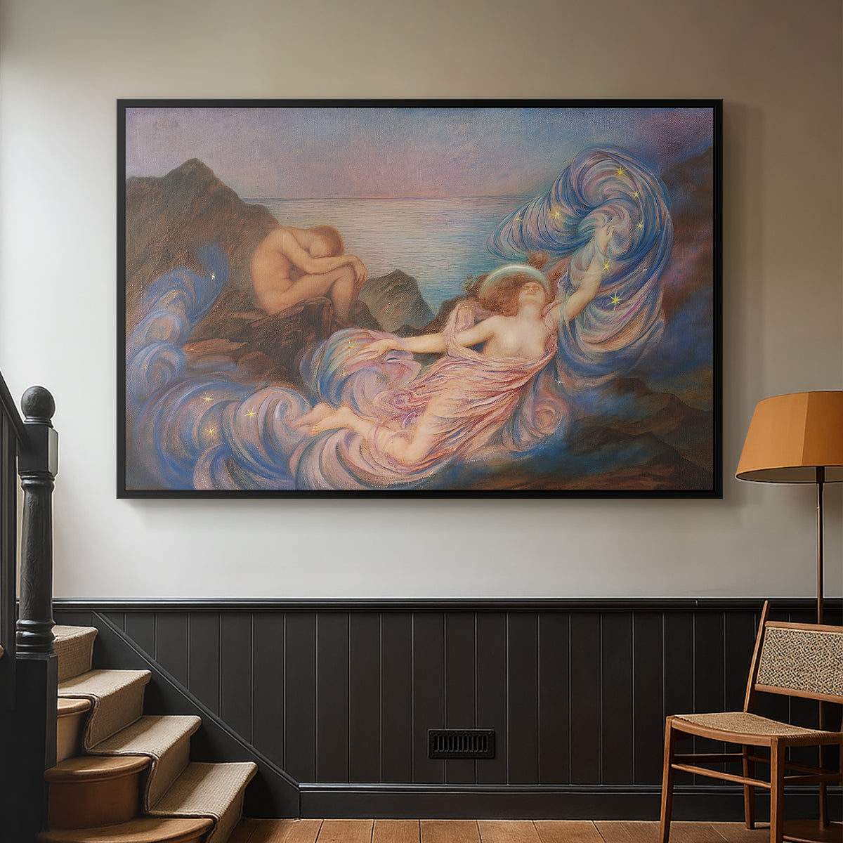Black floater framed canvas featuring a symbolic scene of figure surrounded by evening tones, displayed in a hallway near a staircase.