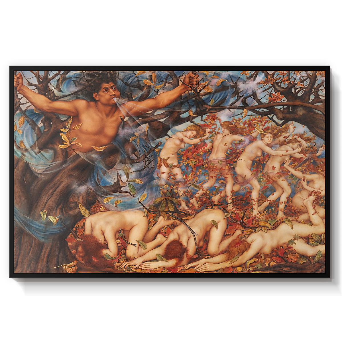Boreas and the Fallen Leaves, c. 1910-1914 by Evelyn De Morgan in a black floater framed canvas wall art display.