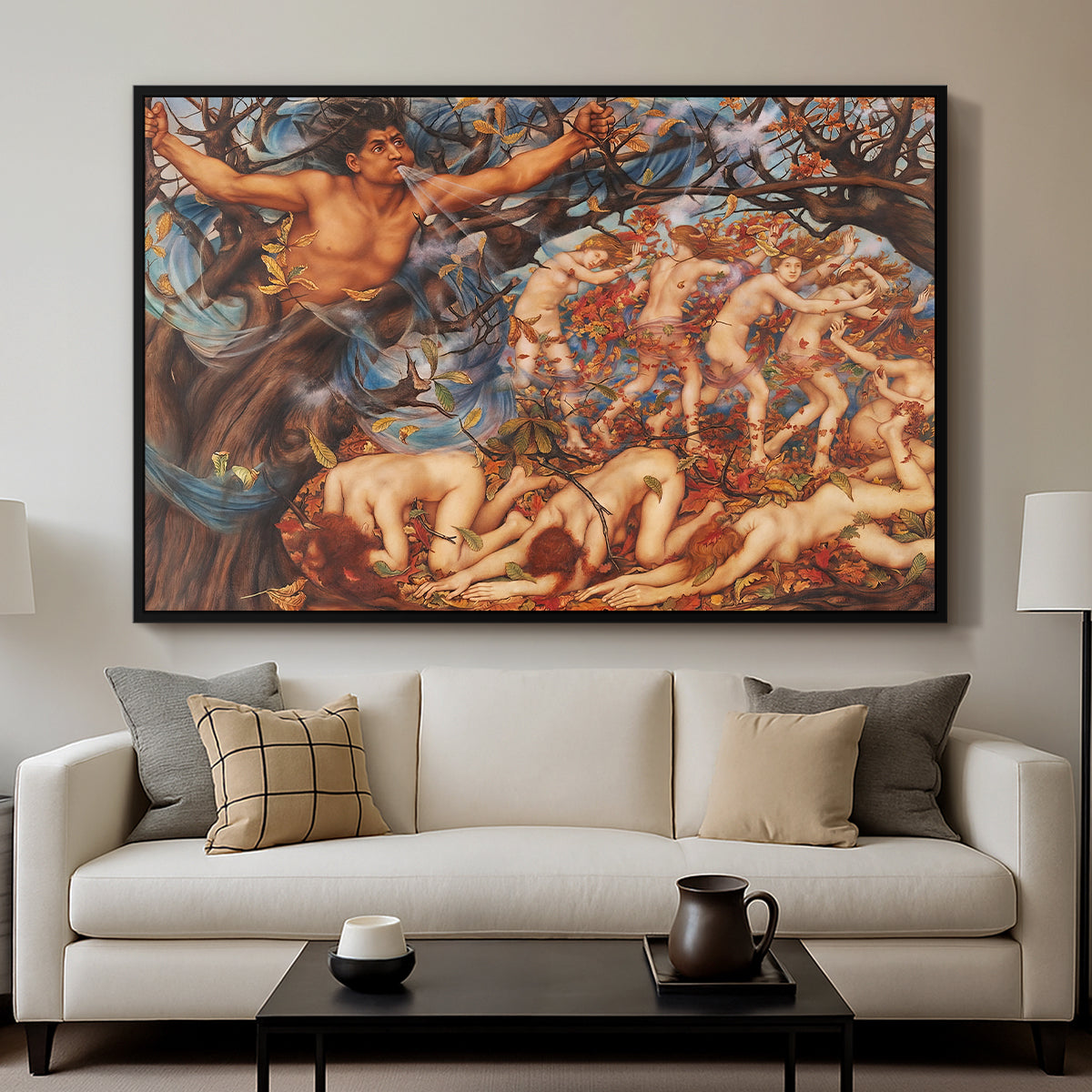 Boreas and the Fallen Leaves, c. 1910-1914 by Evelyn De Morgan displayed in a black floater framed canvas above a sofa in a clean living room.