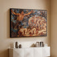 Black floater framed canvas of Boreas and the Fallen Leaves, c. 1910-1914 by Evelyn De Morgan, featuring a mythological scene of wind god Boreas moving through autumn leaves above a console cabinet in a minimalist entryway.