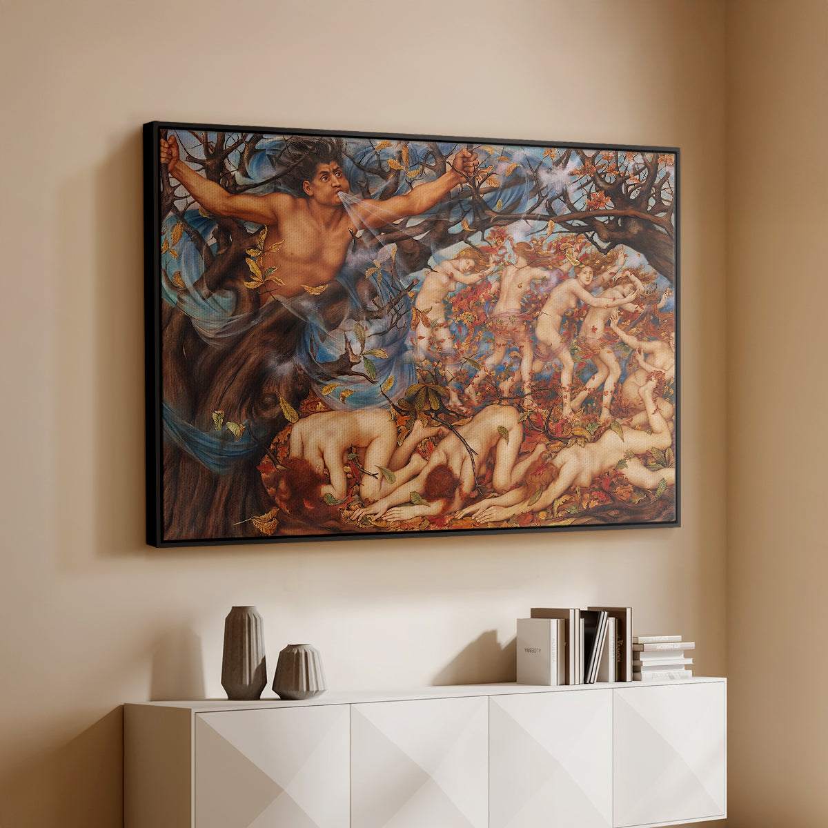 Black floater framed canvas of Boreas and the Fallen Leaves, c. 1910-1914 by Evelyn De Morgan, featuring a mythological scene of wind god Boreas moving through autumn leaves above a console cabinet in a minimalist entryway.