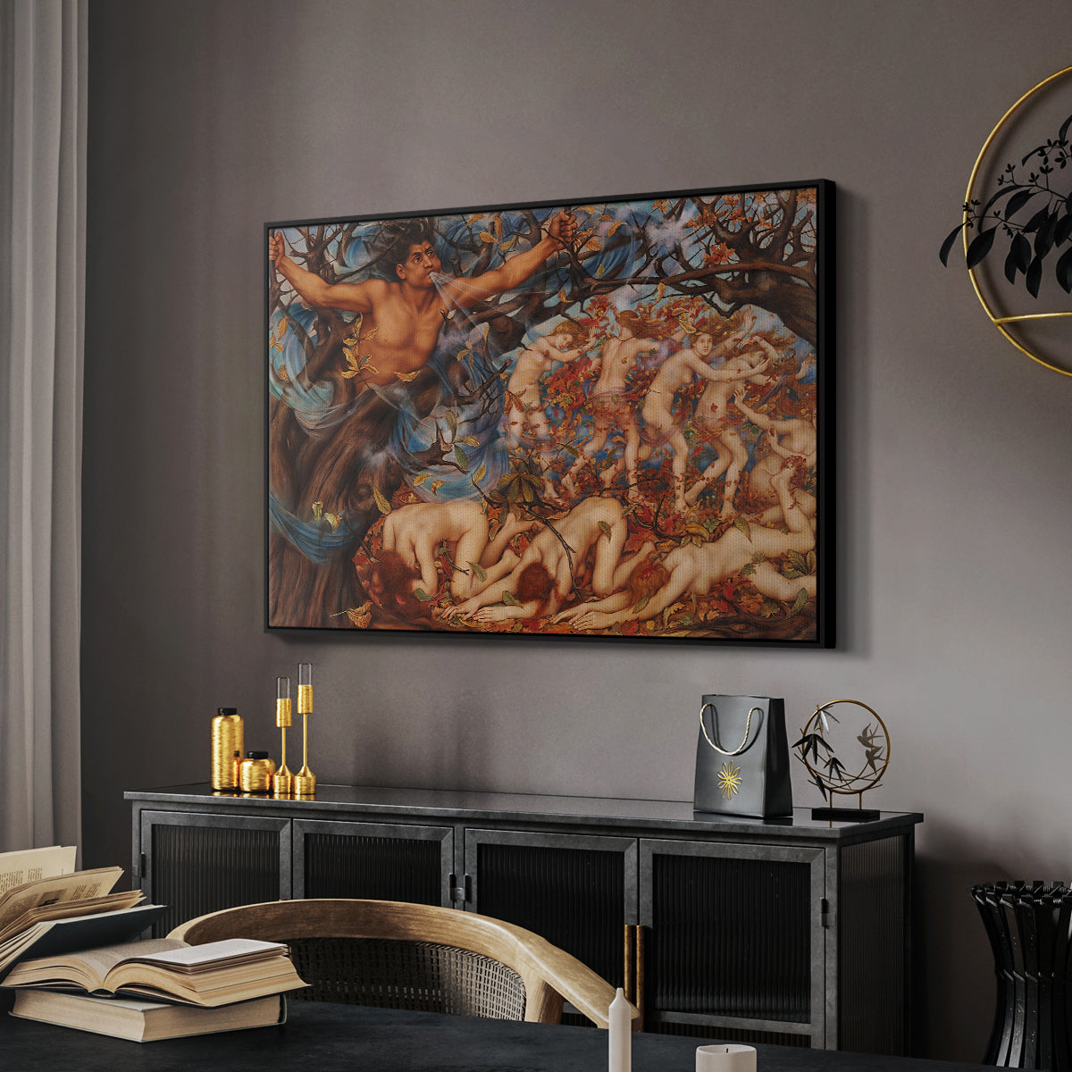 Boreas and the Fallen Leaves, c. 1910-1914 by Evelyn De Morgan in a black floater framed canvas featuring an energetic depiction of figures swept through air by wind, displayed above a desk in a dark home office interior.