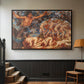 Black floater framed canvas featuring a symbolic representation of motion and seasonal change, displayed in a hallway near a staircase.