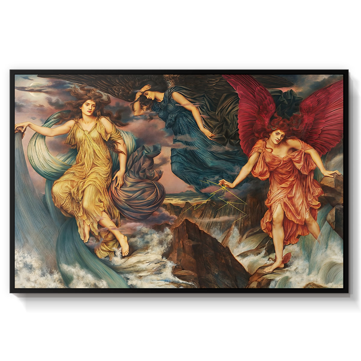 The Storm Spirits, 1900 by Evelyn De Morgan in a black floater framed canvas wall art display.