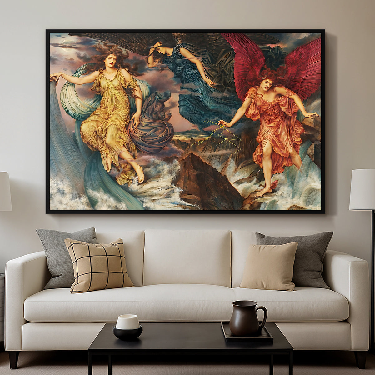 The Storm Spirits, 1900 by Evelyn De Morgan displayed in a black floater framed canvas above a sofa in a clean living room.