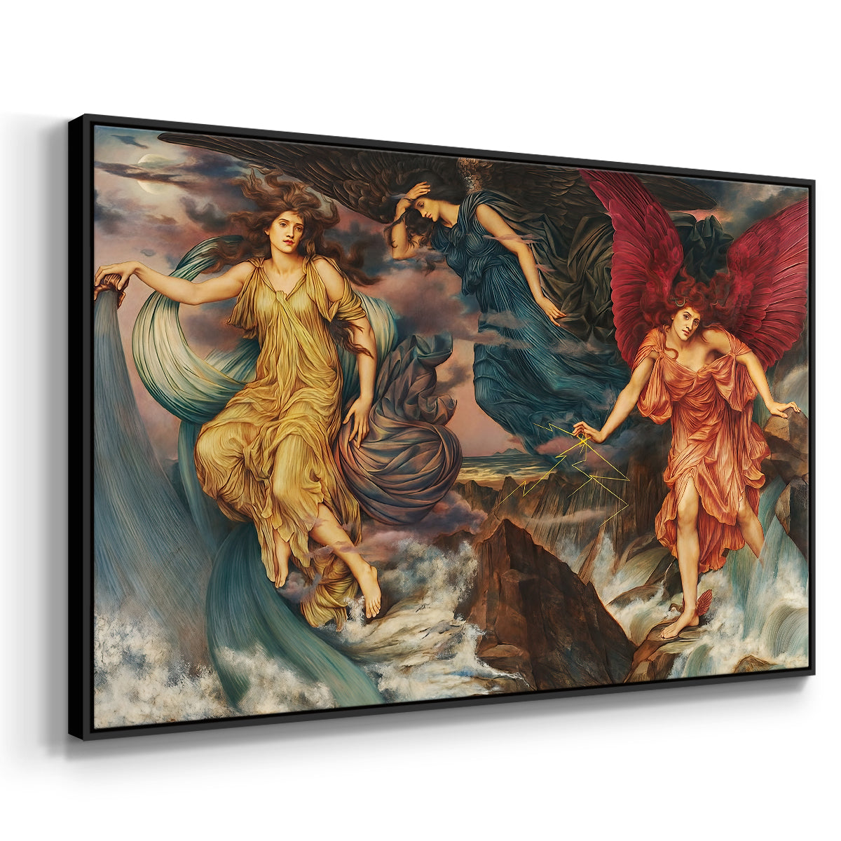Angled view of The Storm Spirits, 1900 by Evelyn De Morgan in a black floater framed canvas.