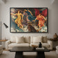 The Storm Spirits, 1900 by Evelyn De Morgan as a black floater framed canvas featuring multiple figures swirling through sky representing storm forces in motion, displayed above a sofa in a modern living room.