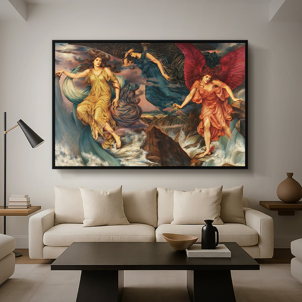 The Storm Spirits, 1900 by Evelyn De Morgan as a black floater framed canvas featuring multiple figures swirling through sky representing storm forces in motion, displayed above a sofa in a modern living room.