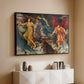 Black floater framed canvas of The Storm Spirits, 1900 by Evelyn De Morgan, featuring a dramatic allegory of spirits moving within turbulent sky above a console cabinet in a minimalist entryway.