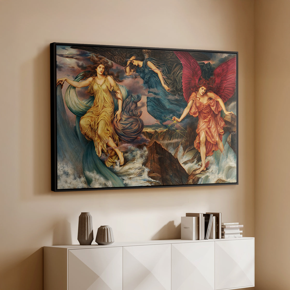 Black floater framed canvas of The Storm Spirits, 1900 by Evelyn De Morgan, featuring a dramatic allegory of spirits moving within turbulent sky above a console cabinet in a minimalist entryway.