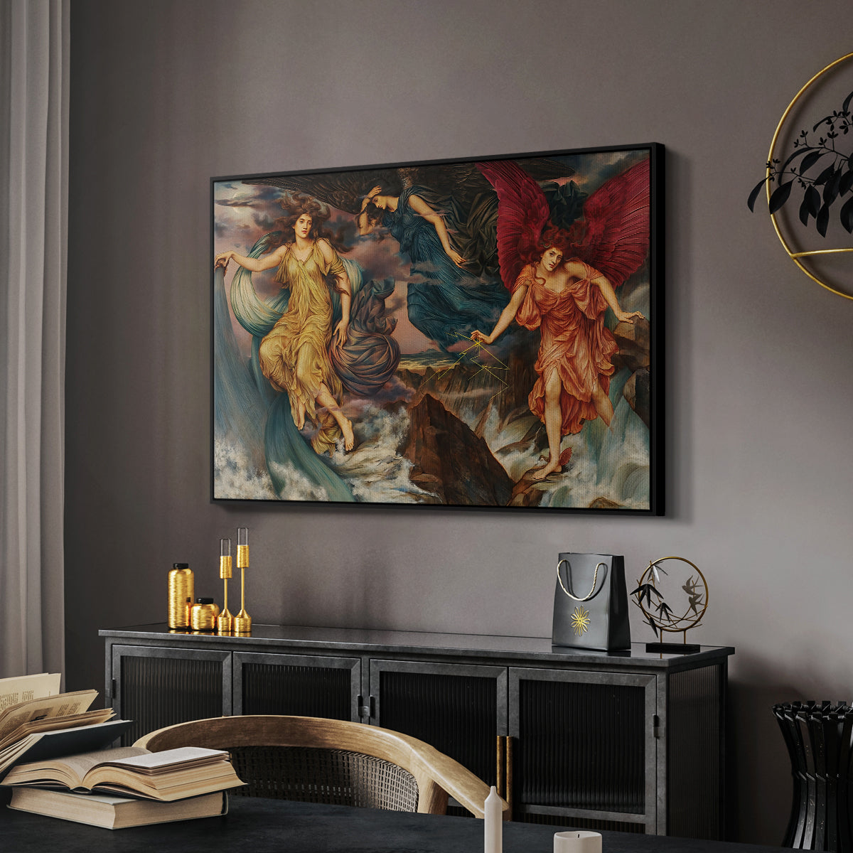 The Storm Spirits, 1900 by Evelyn De Morgan in a black floater framed canvas featuring a dynamic composition of figures embodying storm energy, displayed above a desk in a dark home office interior.