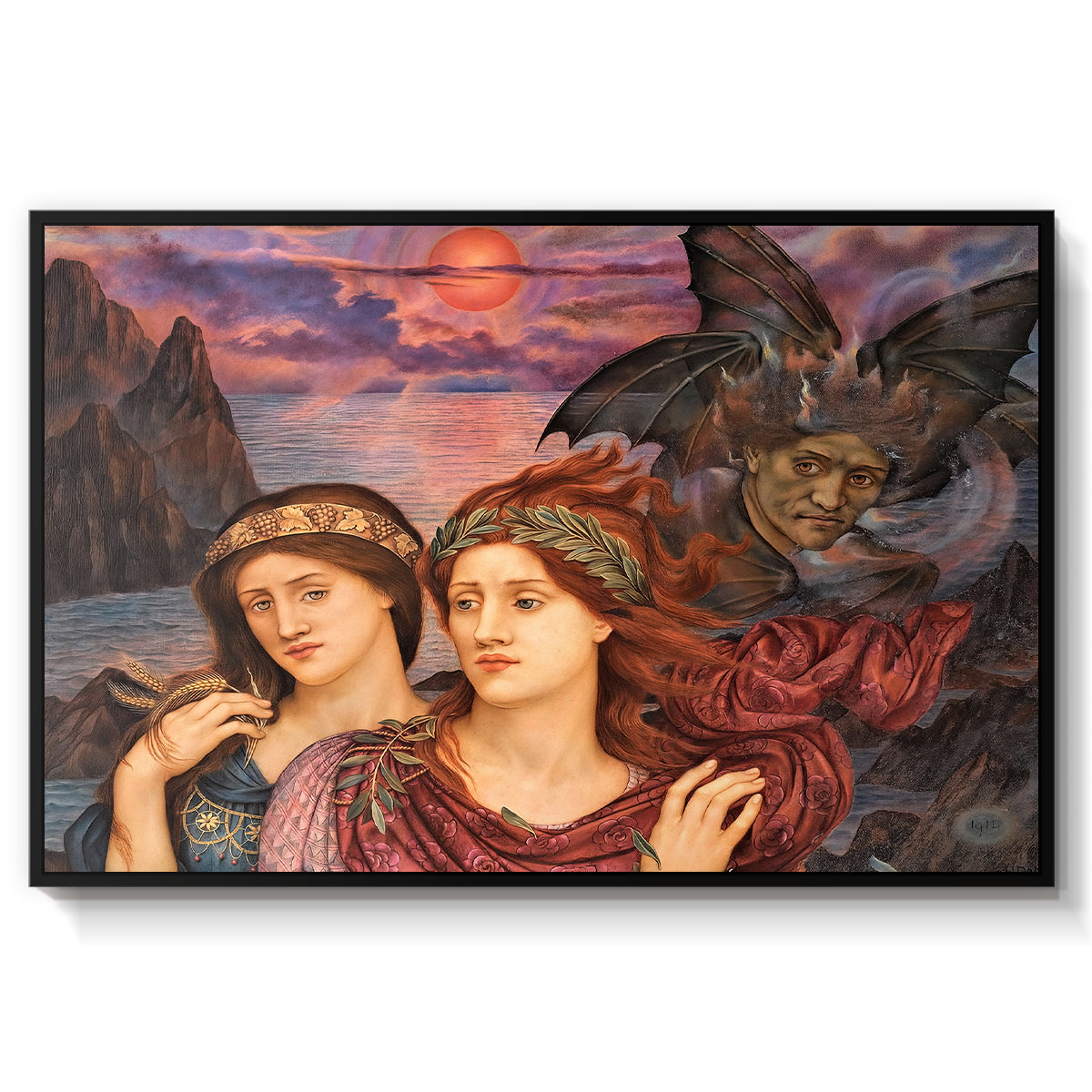 The Vision, 1914 by Evelyn De Morgan in a black floater framed canvas wall art display.