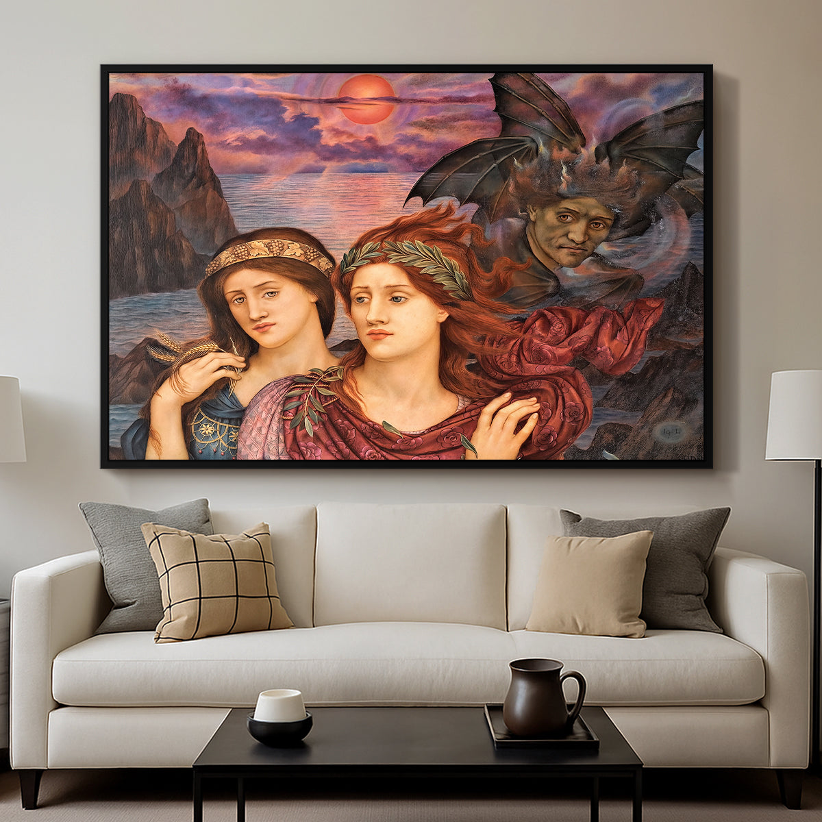 The Vision, 1914 by Evelyn De Morgan displayed in a black floater framed canvas above a sofa in a clean living room.