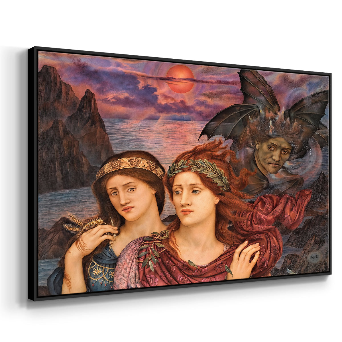 Angled view of The Vision, 1914 by Evelyn De Morgan in a black floater framed canvas.