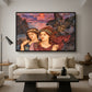 The Vision, 1914 by Evelyn De Morgan as a black floater framed canvas featuring two female figures gazing outward with vivid sky behind them, displayed above a sofa in a modern living room.