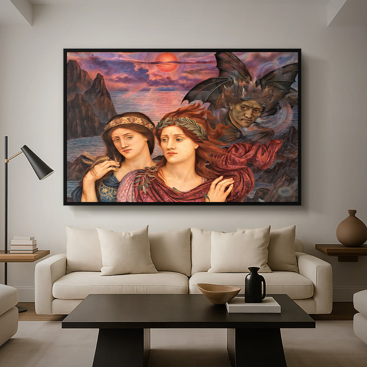 The Vision, 1914 by Evelyn De Morgan as a black floater framed canvas featuring two female figures gazing outward with vivid sky behind them, displayed above a sofa in a modern living room.