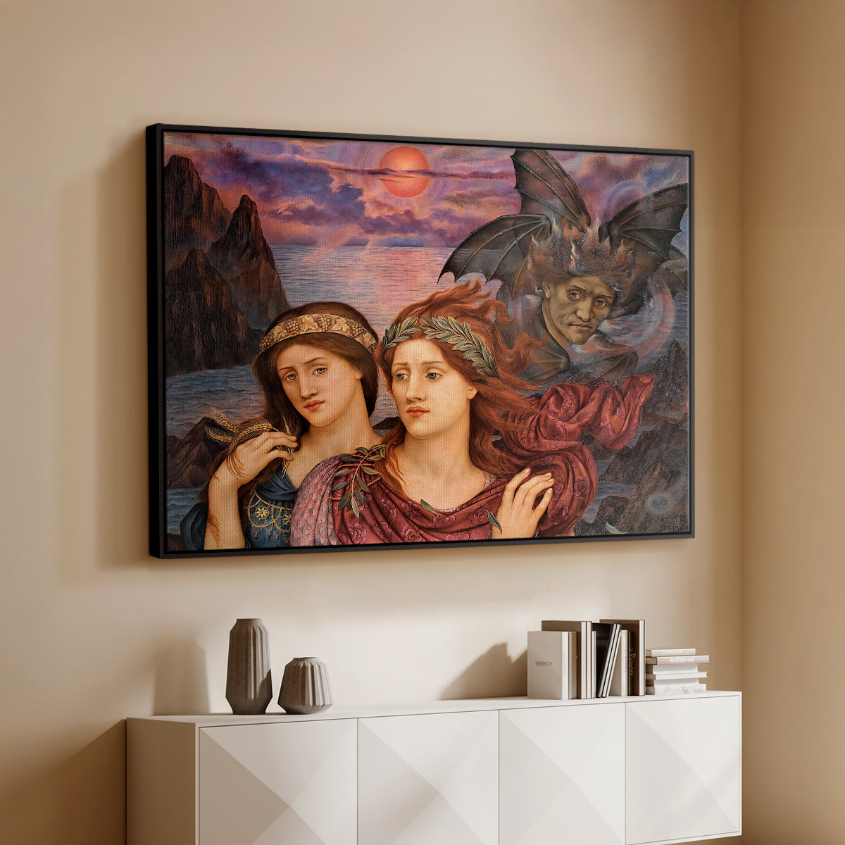 Black floater framed canvas of The Vision, 1914 by Evelyn De Morgan, featuring a symbolic portrait of women framed by colorful atmospheric background above a console cabinet in a minimalist entryway.