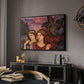 The Vision, 1914 by Evelyn De Morgan in a black floater framed canvas featuring an expressive composition with figures and dramatic sky, displayed above a desk in a dark home office interior.