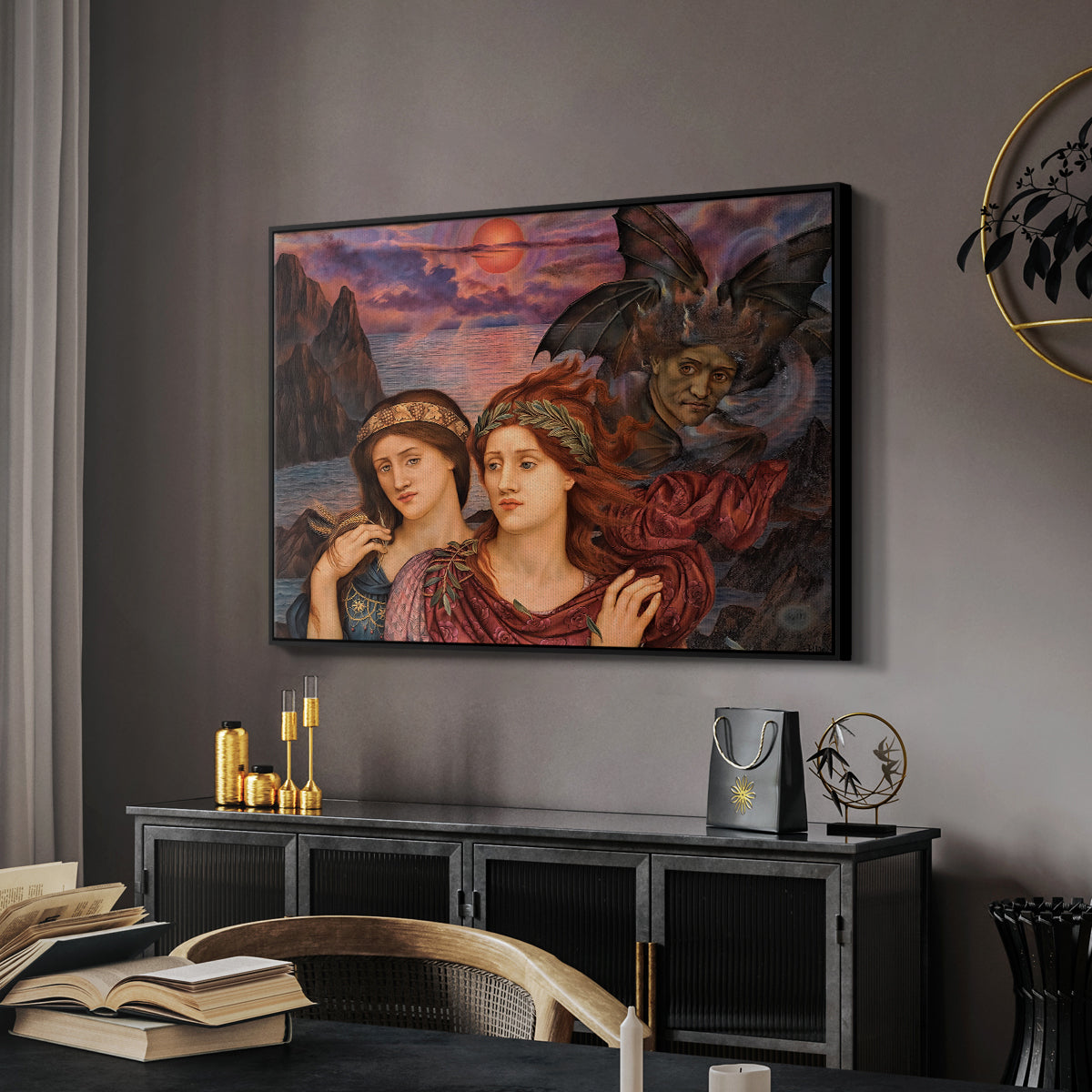 The Vision, 1914 by Evelyn De Morgan in a black floater framed canvas featuring an expressive composition with figures and dramatic sky, displayed above a desk in a dark home office interior.