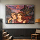 Black floater framed canvas featuring an allegorical scene emphasizing emotion and color, displayed in a hallway near a staircase.