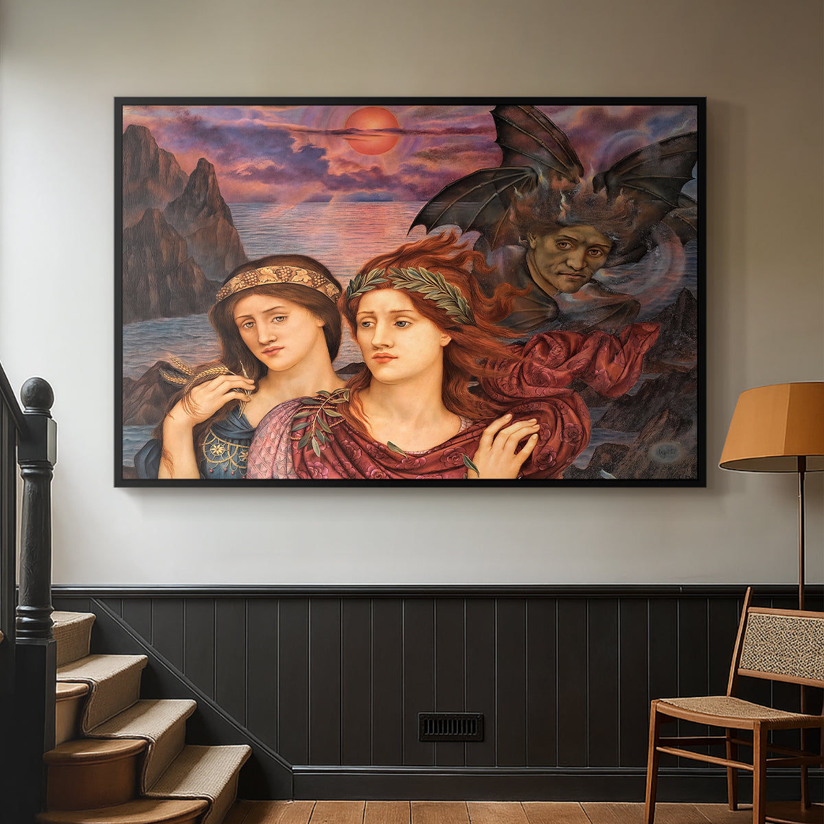 Black floater framed canvas featuring an allegorical scene emphasizing emotion and color, displayed in a hallway near a staircase.