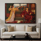 The Gilded Cage, c. 1901-1902 by Evelyn De Morgan displayed in a black floater framed canvas above a sofa in a clean living room.