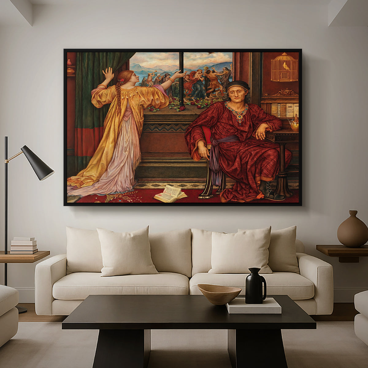 The Gilded Cage, c. 1901-1902 by Evelyn De Morgan as a black floater framed canvas featuring a woman seated inside ornate interior symbolizing confinement and luxury, displayed above a sofa in a modern living room.