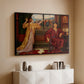 Black floater framed canvas of The Gilded Cage, c. 1901-1902 by Evelyn De Morgan, featuring a symbolic scene of figure enclosed within decorative surroundings above a console cabinet in a minimalist entryway.