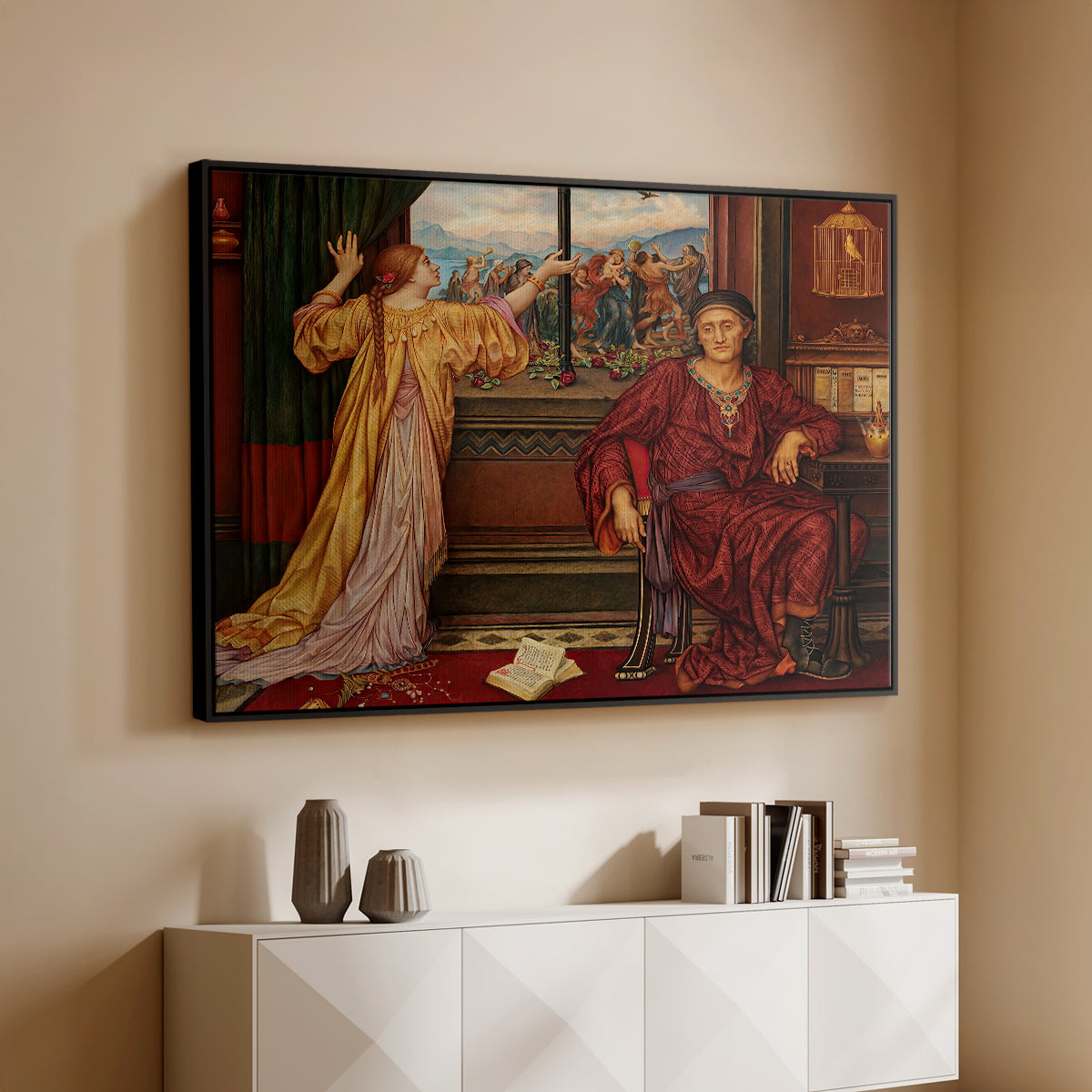 Black floater framed canvas of The Gilded Cage, c. 1901-1902 by Evelyn De Morgan, featuring a symbolic scene of figure enclosed within decorative surroundings above a console cabinet in a minimalist entryway.