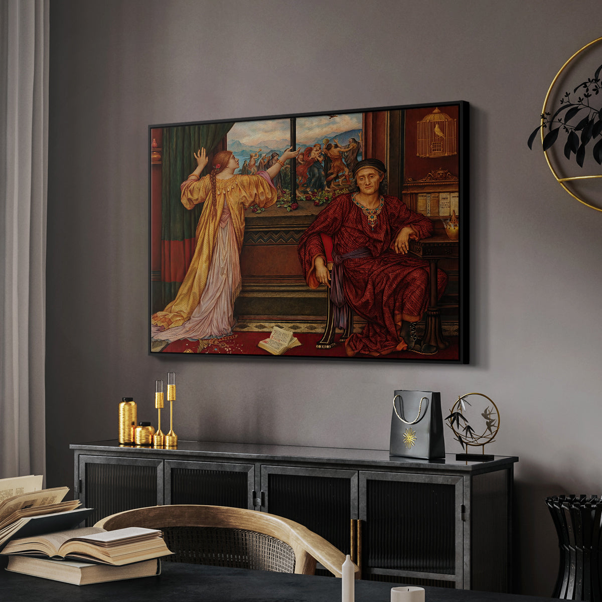 The Gilded Cage, c. 1901-1902 by Evelyn De Morgan in a black floater framed canvas featuring an interior composition with woman and gilded elements suggesting restriction, displayed above a desk in a dark home office interior.