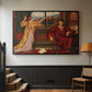 Black floater framed canvas featuring an allegorical depiction of beauty and captivity, displayed in a hallway near a staircase.