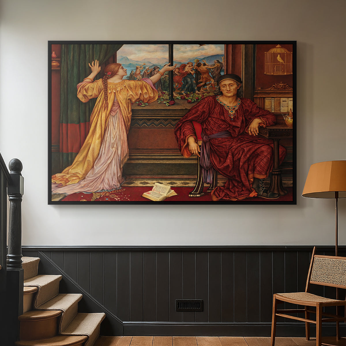Black floater framed canvas featuring an allegorical depiction of beauty and captivity, displayed in a hallway near a staircase.