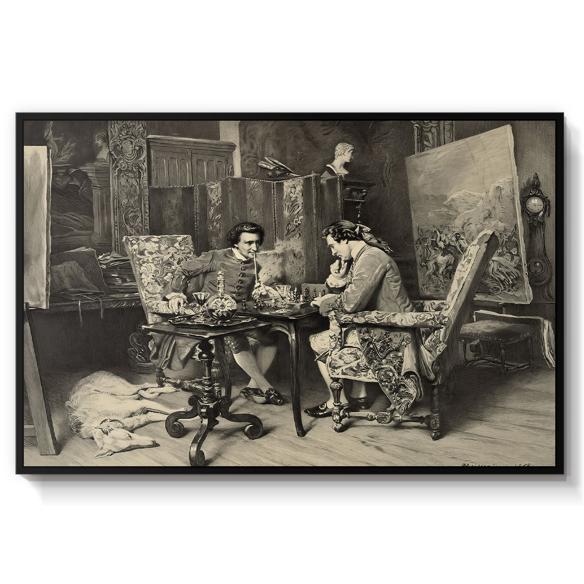 The Chess Players, 1858 by Ernest Meissonier in a black floater framed canvas wall art display.