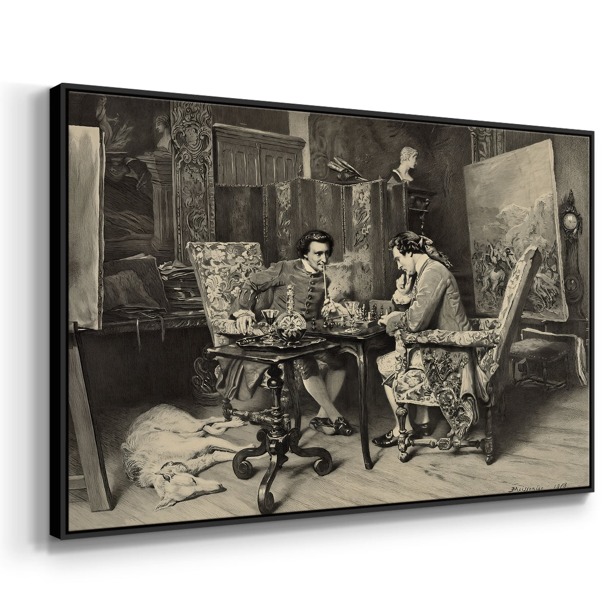 Angled view of The Chess Players, 1858 by Ernest Meissonier in a black floater framed canvas.