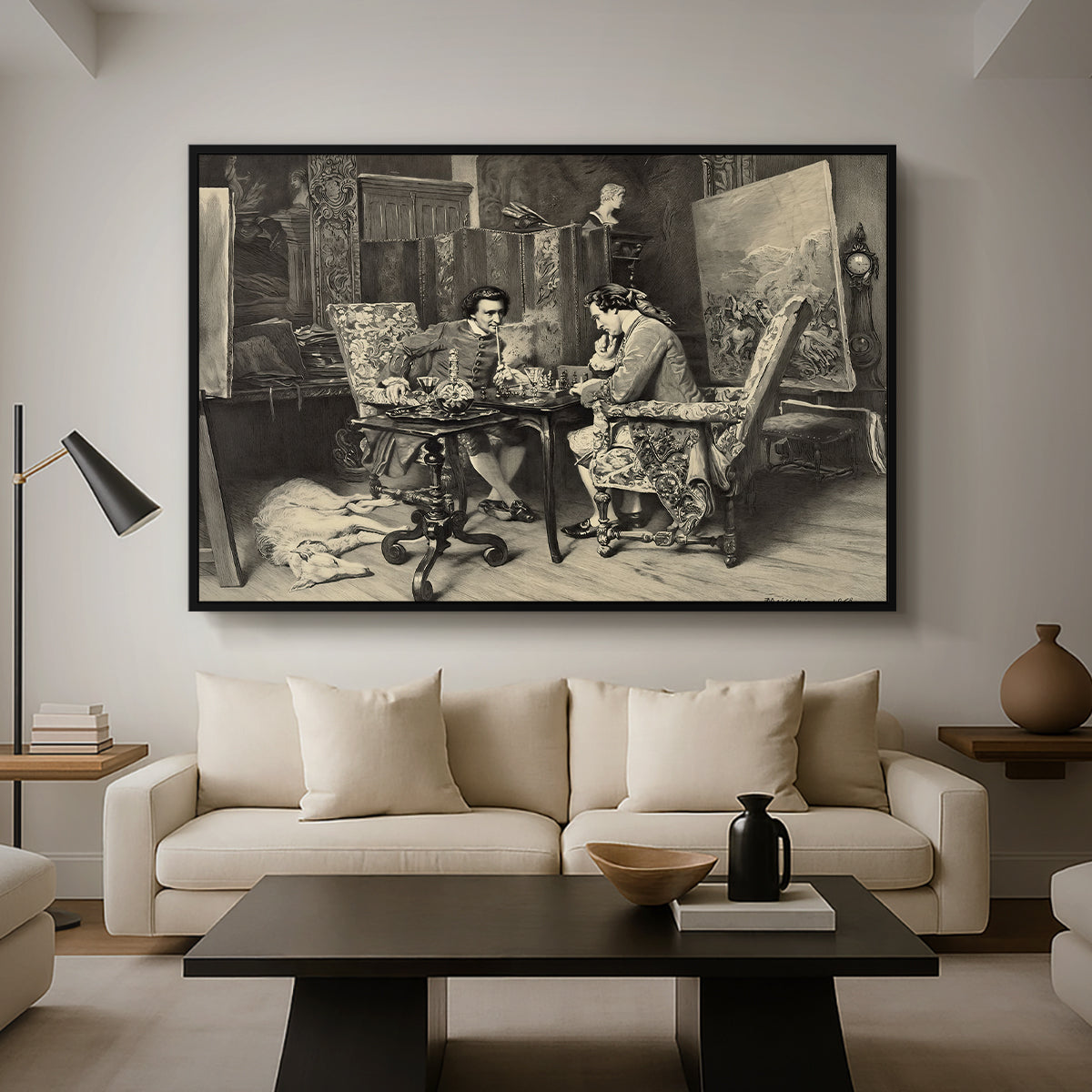 The Chess Players, 1858 by Ernest Meissonier as a black floater framed canvas featuring two men seated at table playing chess in detailed interior setting, displayed above a sofa in a modern living room.