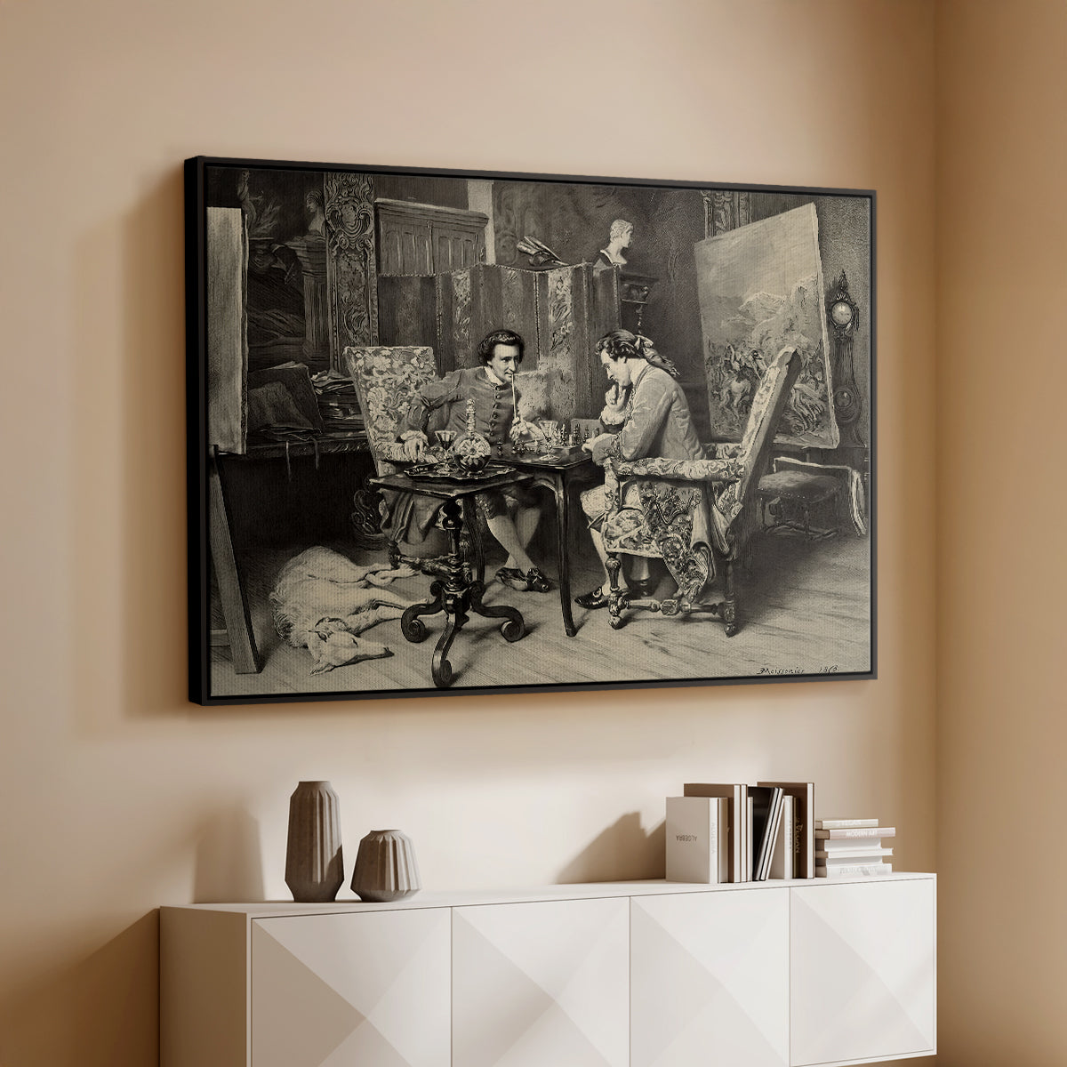 Black floater framed canvas of The Chess Players, 1858 by Ernest Meissonier, featuring a realistic scene of figures concentrating on chess game indoors above a console cabinet in a minimalist entryway.