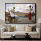Winding the Skein, c. 1878 by Frederic Leighton displayed in a black floater framed canvas above a sofa in a clean living room.