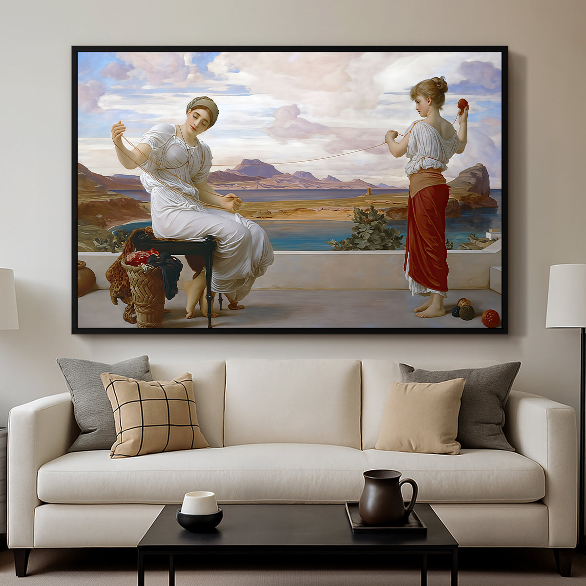 Winding the Skein, c. 1878 by Frederic Leighton displayed in a black floater framed canvas above a sofa in a clean living room.