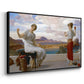 Angled view of Winding the Skein, c. 1878 by Frederic Leighton in a black floater framed canvas.