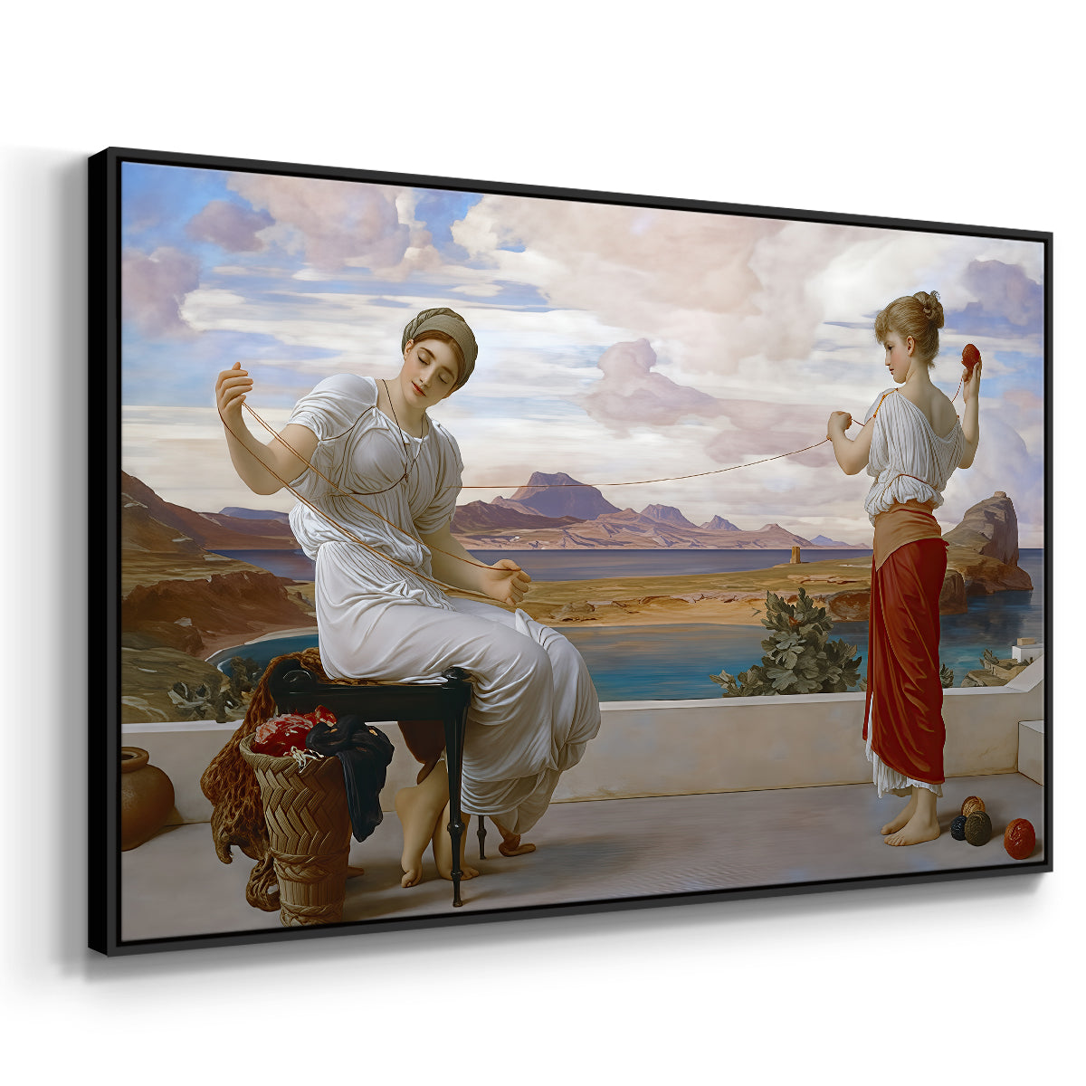 Angled view of Winding the Skein, c. 1878 by Frederic Leighton in a black floater framed canvas.