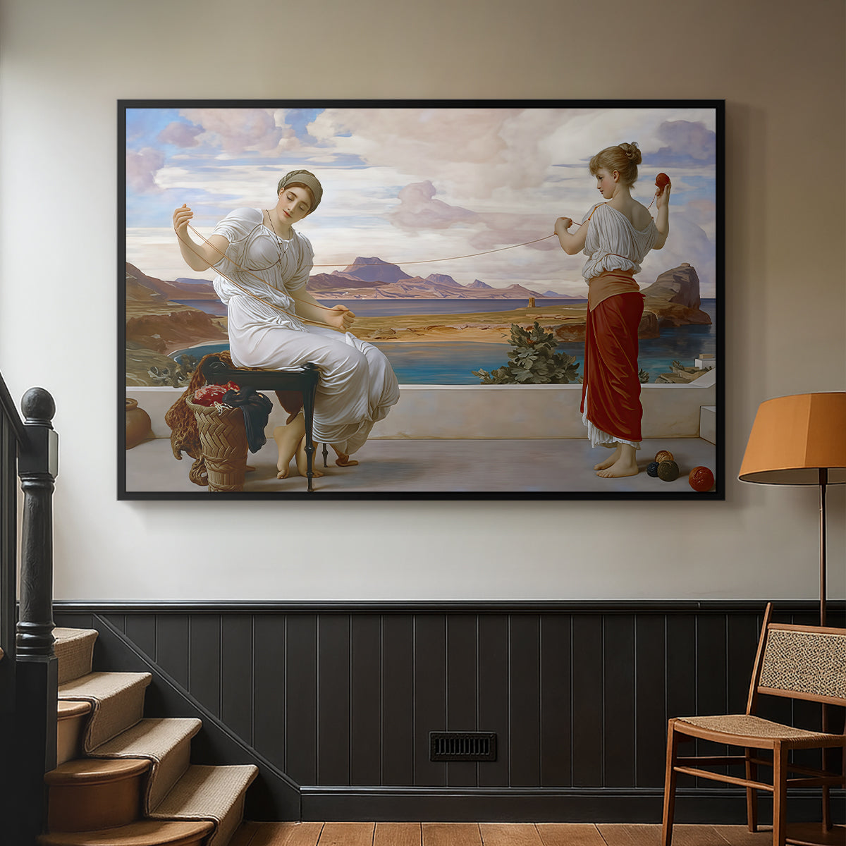 Black floater framed canvas featuring an elegant composition of women performing domestic task, displayed in a hallway near a staircase.