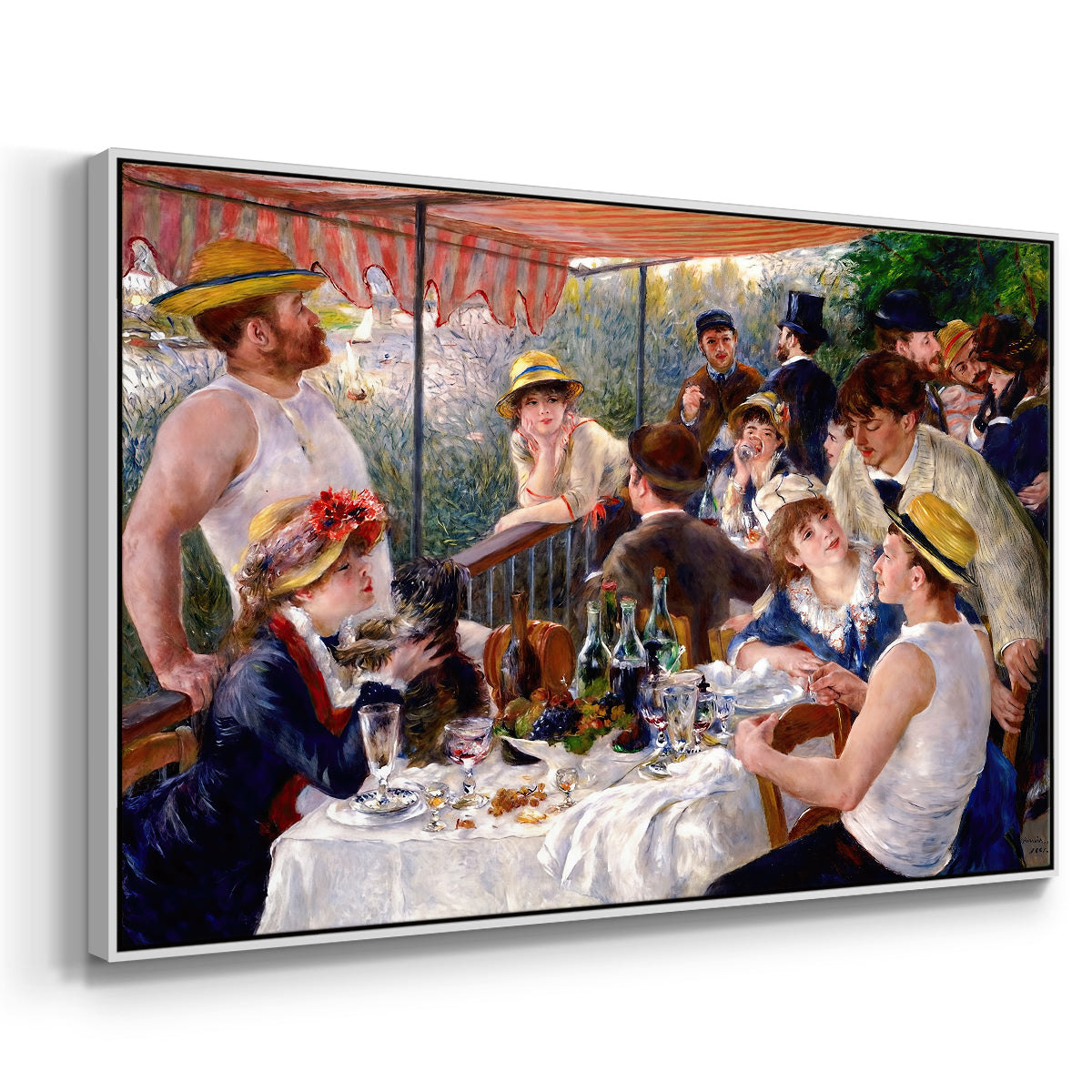 Angled view of Luncheon of the Boating Party (Le Déjeuner des canotiers), 1880-1881 by Pierre-Auguste Renoir in a white floater framed canvas.