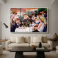 Luncheon of the Boating Party (Le Déjeuner des canotiers), 1880-1881 by Pierre-Auguste Renoir as a white floater framed canvas featuring a group of elegantly dressed people dining together on a sunlit balcony overlooking the river, displayed above a sofa in a modern living room.