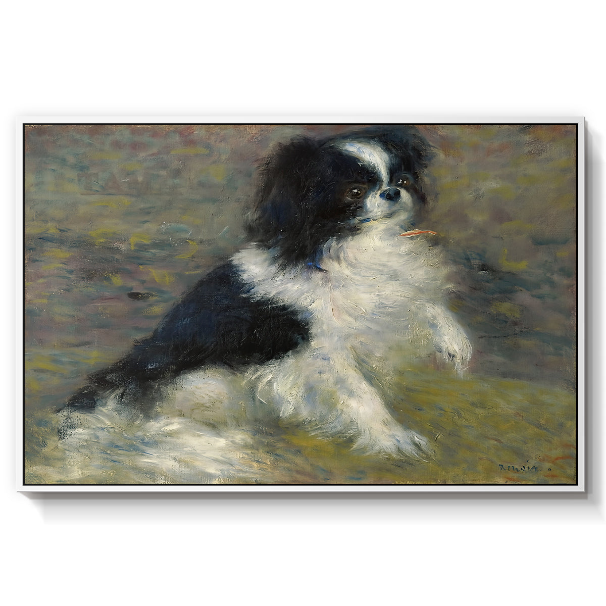 Tama, the Japanese Dog, c. 1876 by Pierre-Auguste Renoir in a white floater framed canvas wall art display.