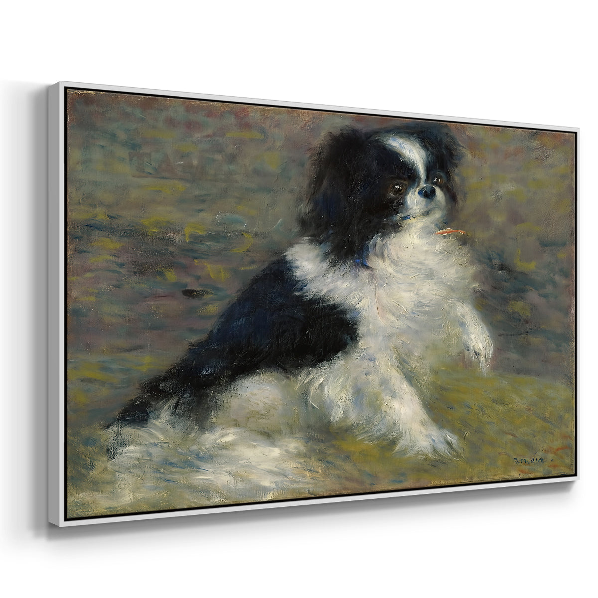Angled view of Tama, the Japanese Dog, c. 1876 by Pierre-Auguste Renoir in a white floater framed canvas.
