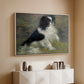 White floater framed canvas of Tama, the Japanese Dog, c. 1876 by Pierre-Auguste Renoir, featuring an impressionist painting of a dog wading through water with blurred background above a console cabinet in a minimalist entryway.