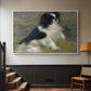 White floater framed canvas featuring an animal portrait of a dog in natural outdoor setting with soft light, displayed in a hallway near a staircase.