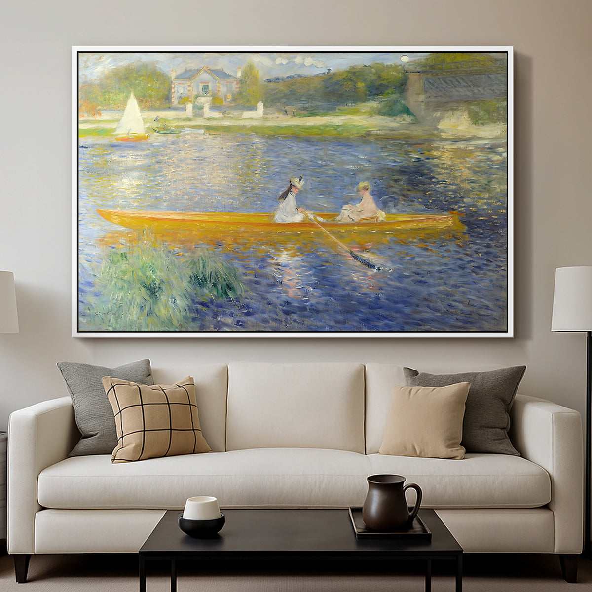 The Skiff (La Yole), 1875 by Pierre-Auguste Renoir displayed in a white floater framed canvas above a sofa in a clean living room.